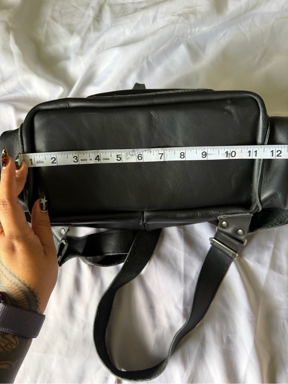 Black Leather Drawstring Backpack - Classic Utility Rucksack - Picture 8 of 9